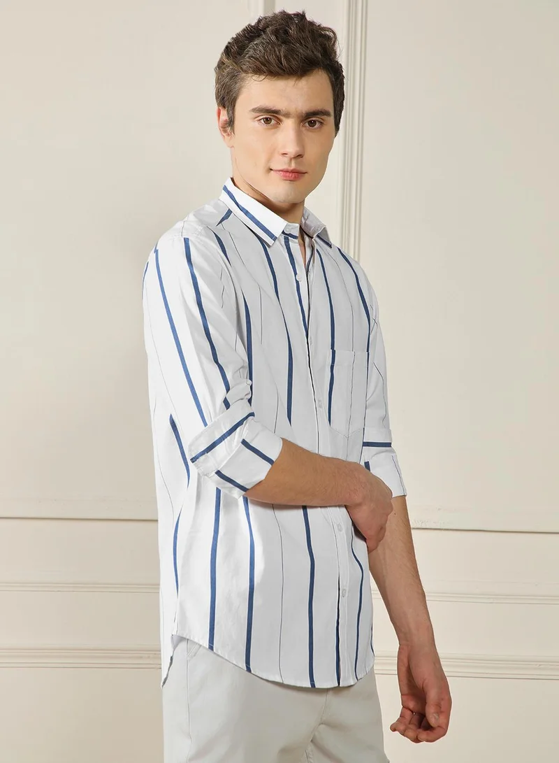 Dennis Lingo Men's White Cotton Blend Striped Regular FiT-Shirt
