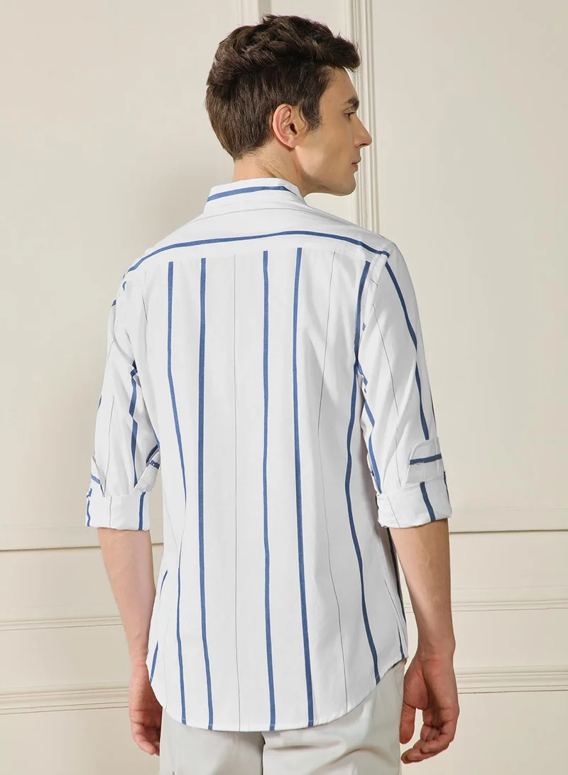 Dennis Lingo Men's White Cotton Blend Striped Regular FiT-Shirt