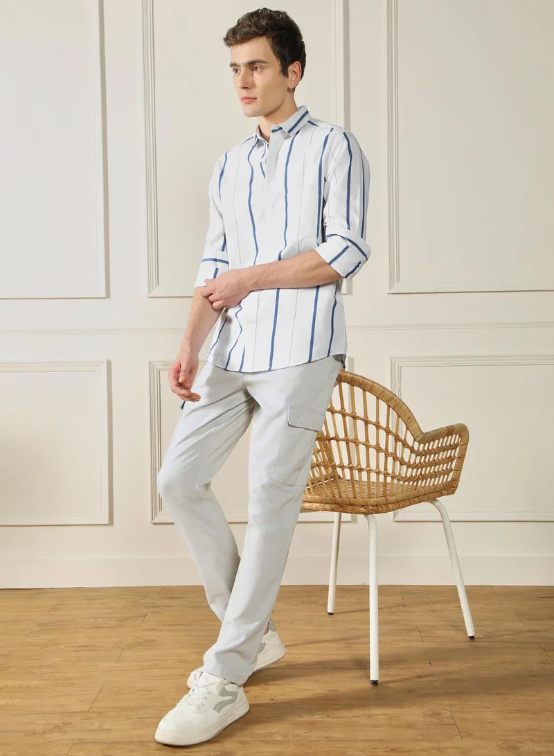 Dennis Lingo Men's White Cotton Blend Striped Regular FiT-Shirt