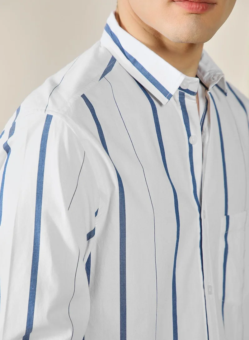 Dennis Lingo Men's White Cotton Blend Striped Regular FiT-Shirt