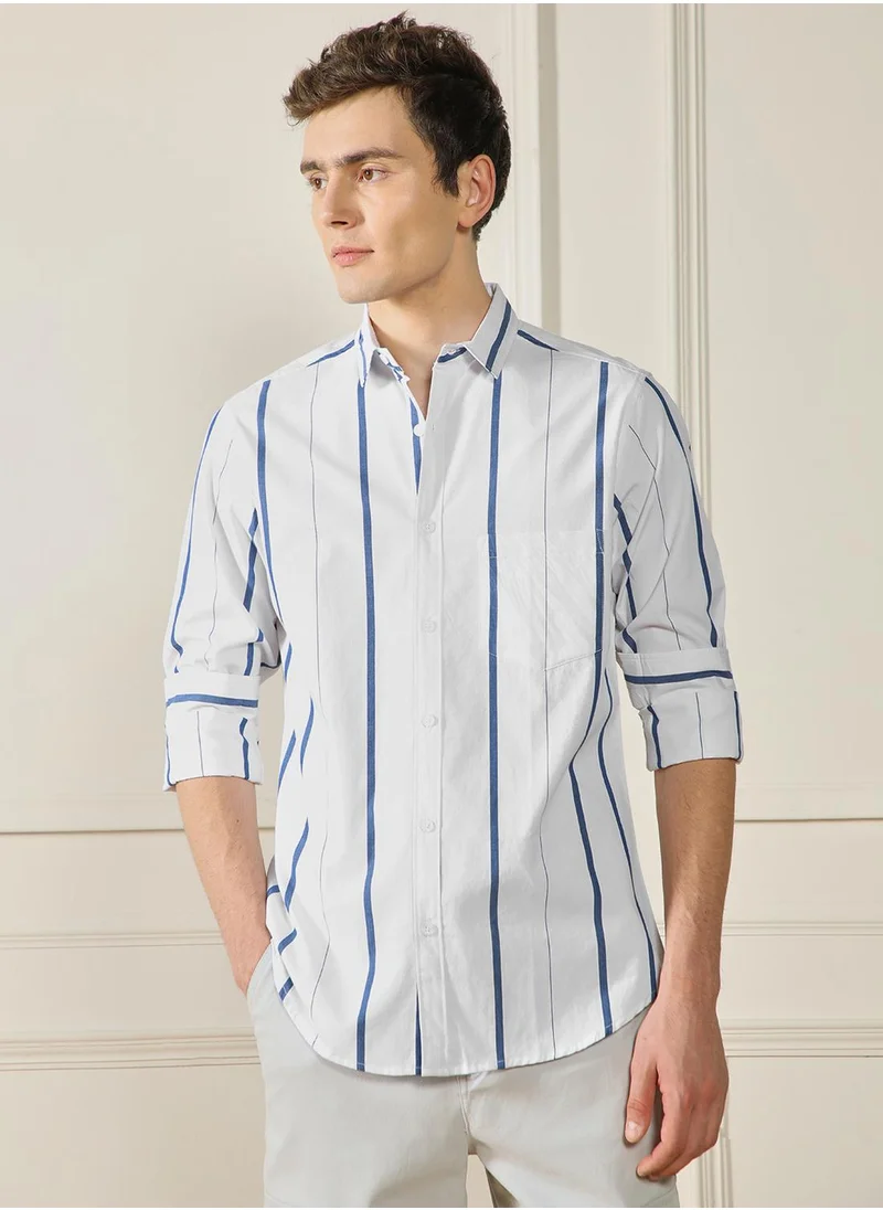 دينيس لينغو Regular Fit White Shirt for Men - 40x40 Yd Striped Fabric, Spread Collar, Full Sleeves, Casual Look