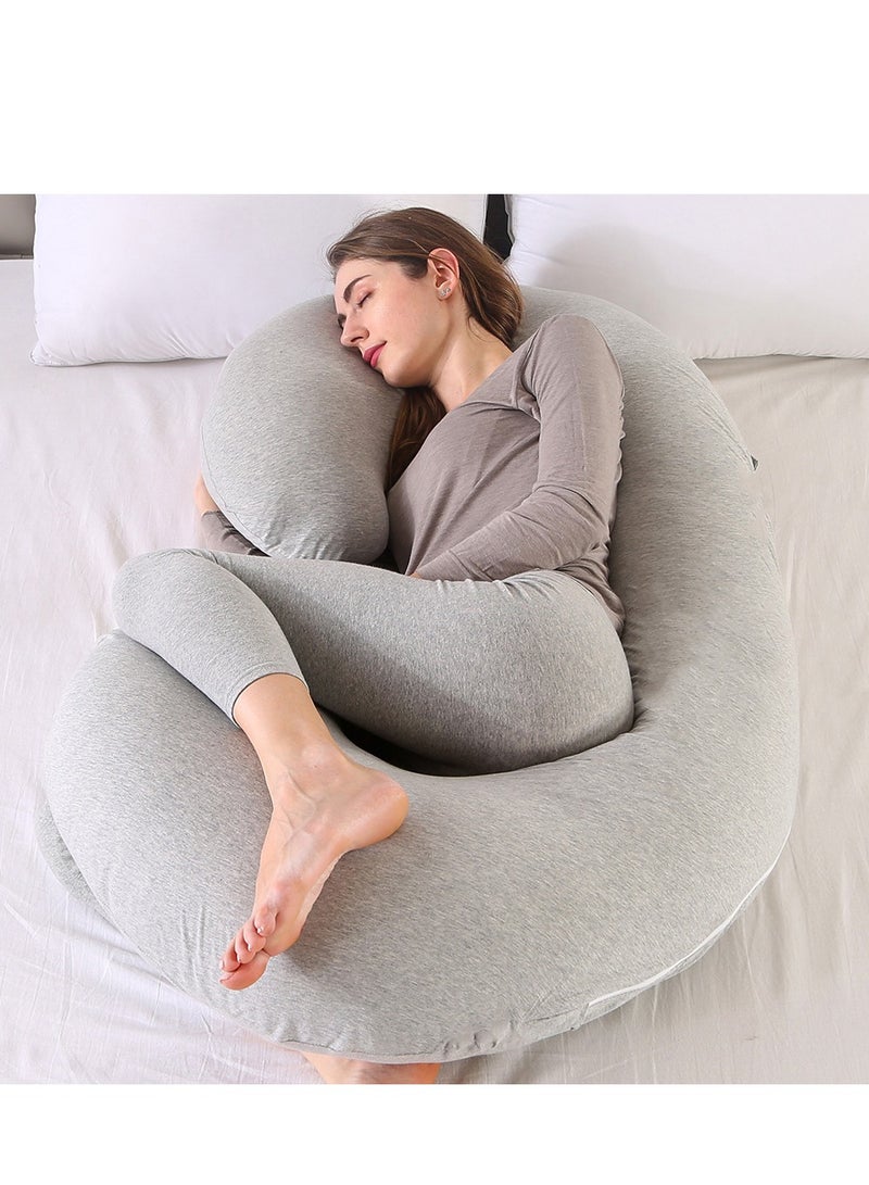 واي آند دي وسادة أمومة قطنية محبوكة باللون الرمادي الفاتح على شكل حرف C وسادة حمل للنوم، وسادة أمومة مع غطاء قطني جيرسي، وسادة جسم على شكل حرف C للنساء الحوامل (جيرسي رمادي) - Image 1