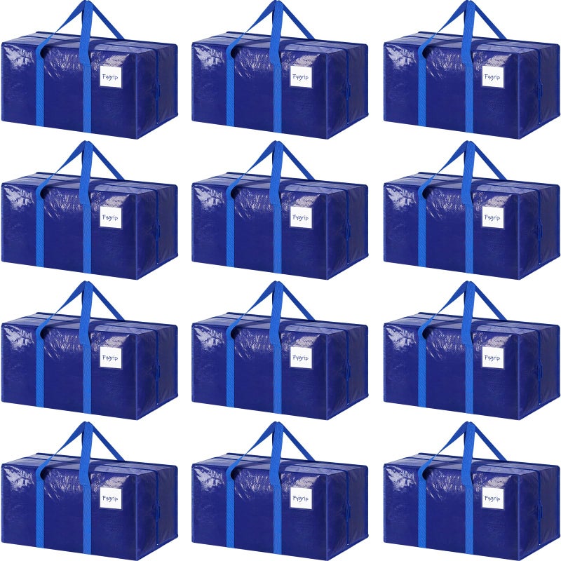 12 Pack Extra Heavy Duty Large Moving Bags with Strong Zipper  Comfortable Handles Sturdy  Durable Clothes Storage Bags Totes Bins Packing Moving Boxes for College Supplies Blue