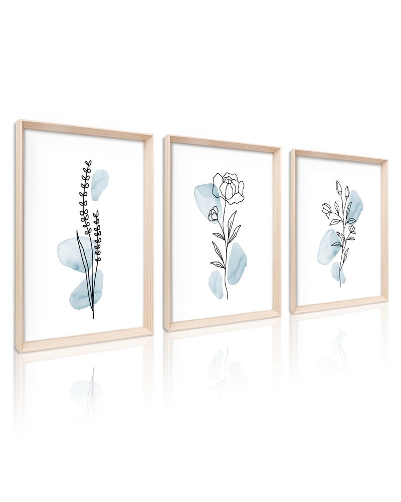 HesenDot Framed Blue Floral Canvas Wall Art,Minimalist Botanical Wall Art Decor,12x16IN Wood High Framed Prints,Boho Flowers Artworks Prints Posters for Living Room,Kitchen,Bedroom Set of 3 - Image 1