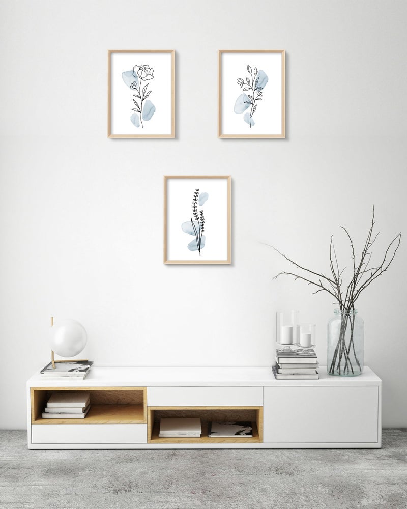 HesenDot Framed Blue Floral Canvas Wall Art,Minimalist Botanical Wall Art Decor,12x16IN Wood High Framed Prints,Boho Flowers Artworks Prints Posters for Living Room,Kitchen,Bedroom Set of 3 - Image 3