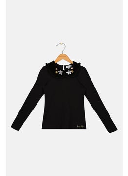 Nicole Miller Kids Girl Spread Collar Textured Long Sleeves Top, Black  - Image 1