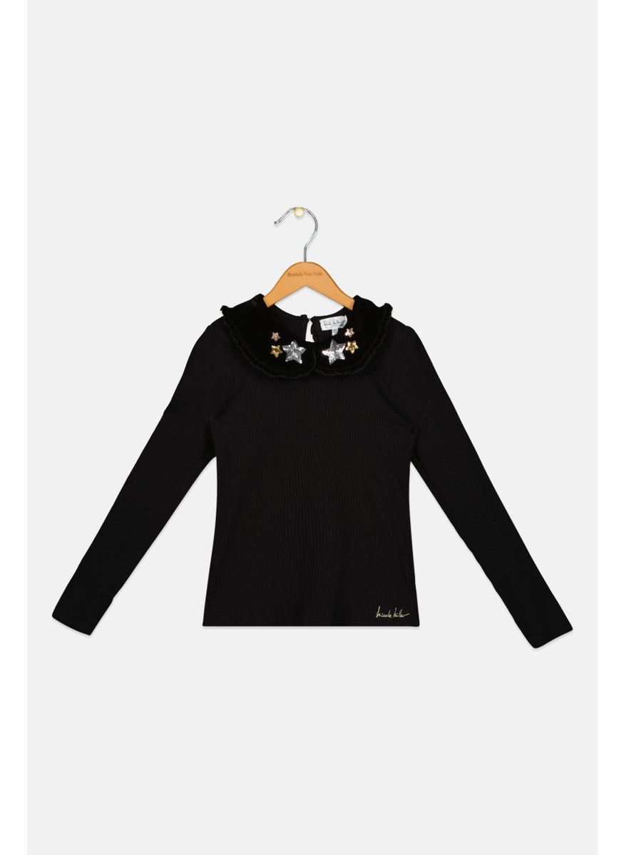 Nicole Miller Kids Girl Spread Collar Textured Long Sleeves Top, Black  - Image 1