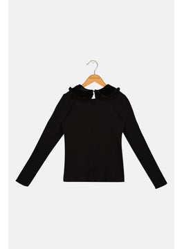 Nicole Miller Kids Girl Spread Collar Textured Long Sleeves Top, Black  - Image 2