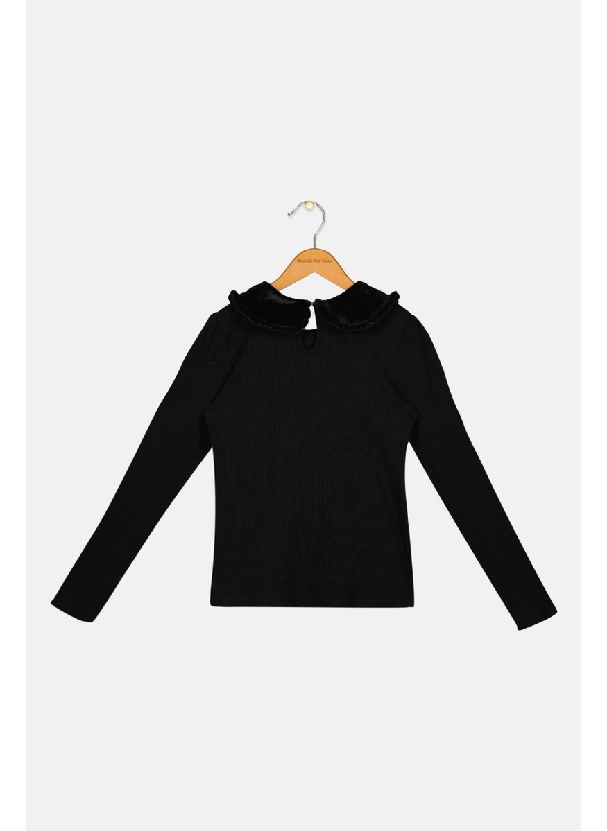 Nicole Miller Kids Girl Spread Collar Textured Long Sleeves Top, Black  - Image 2