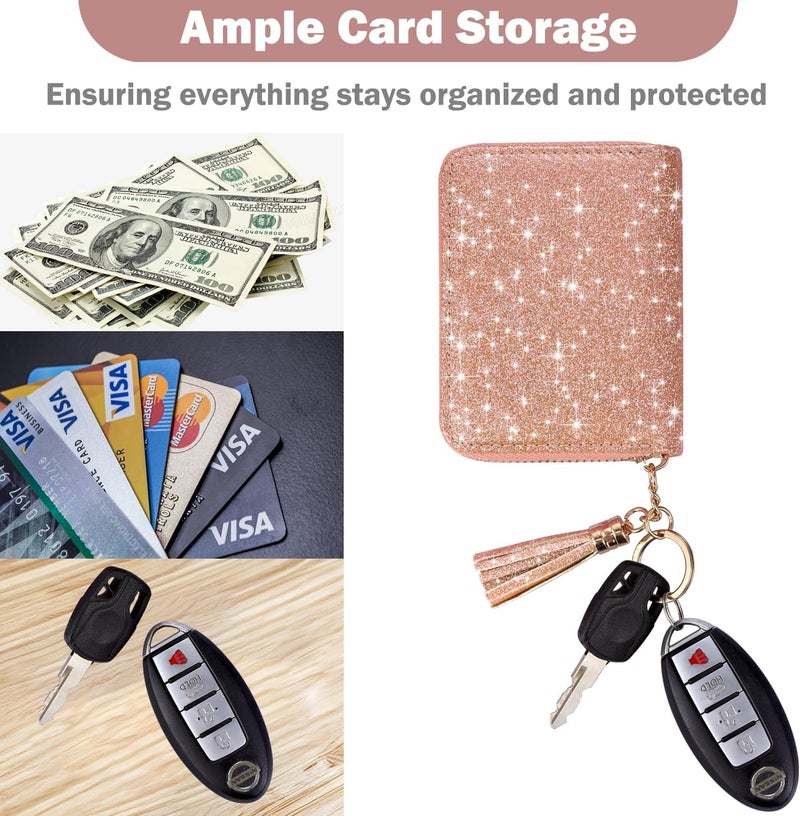 Hot Cool Credit Card Holder for Women, Card Leather Cases Small Wallet for Women Girls, KeyChain Zipper, RFID Blocking, Travel Cute, Organizer Gifts, Rose - Image 2