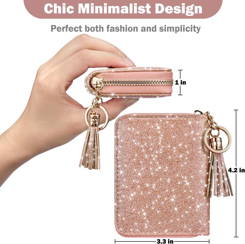 Hot Cool Credit Card Holder for Women, Card Leather Cases Small Wallet for Women Girls, KeyChain Zipper, RFID Blocking, Travel Cute, Organizer Gifts, Rose - Image 4