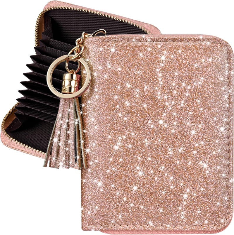 Hot Cool Credit Card Holder for Women, Card Leather Cases Small Wallet for Women Girls, KeyChain Zipper, RFID Blocking, Travel Cute, Organizer Gifts, Rose - Image 1