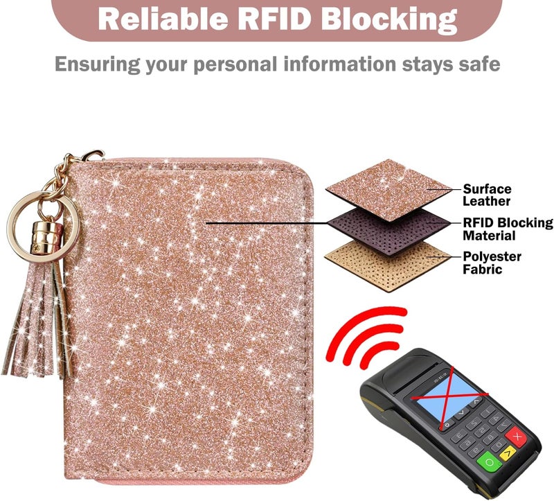 Hot Cool Credit Card Holder for Women, Card Leather Cases Small Wallet for Women Girls, KeyChain Zipper, RFID Blocking, Travel Cute, Organizer Gifts, Rose - Image 3