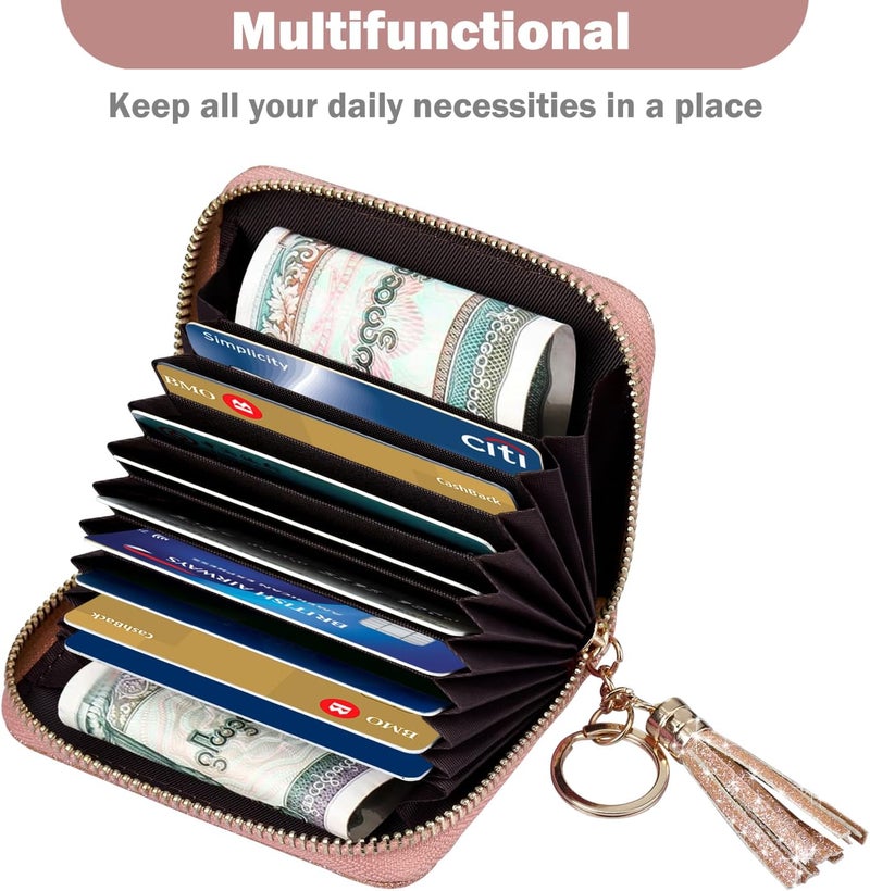 Hot Cool Credit Card Holder for Women, Card Leather Cases Small Wallet for Women Girls, KeyChain Zipper, RFID Blocking, Travel Cute, Organizer Gifts, Rose - Image 5