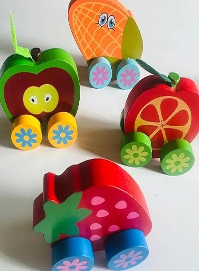 SubiMouIQ Wooden Push Pull Fruits Cars Toy - Vibrant Colorful Montessori Educational Toy for Toddlers & Kids | Kids Preschool Pull-Along Vehicle for Boys and Girls (2) - Image 1