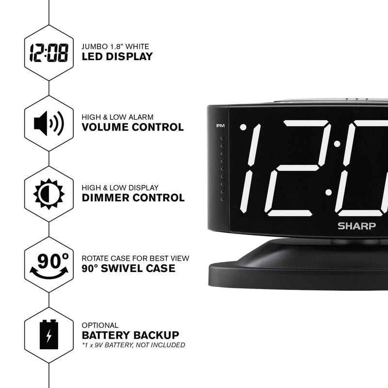 Sharp Home LED Digital Alarm Clock â€“ Swivel Base - Outlet Powered, Simple Operation, Alarm, Snooze, Brightness Dimmer, Big White Digit Display, (Black-White LED) - Image 3