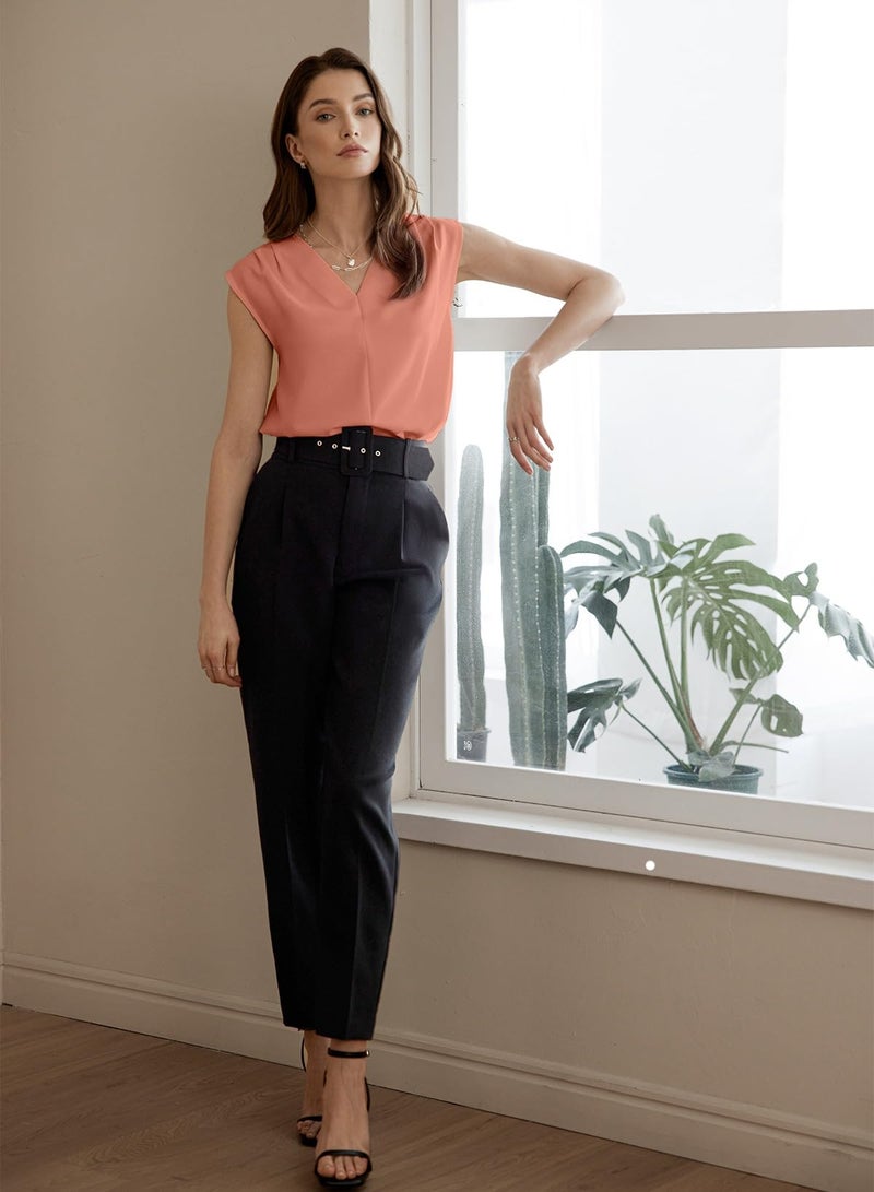 EVALESS Blouses for Women Dressy Casual Summer Pleated V Neck Sleeveless Tank Tops Work Office Outfits Tawny M - Image 5