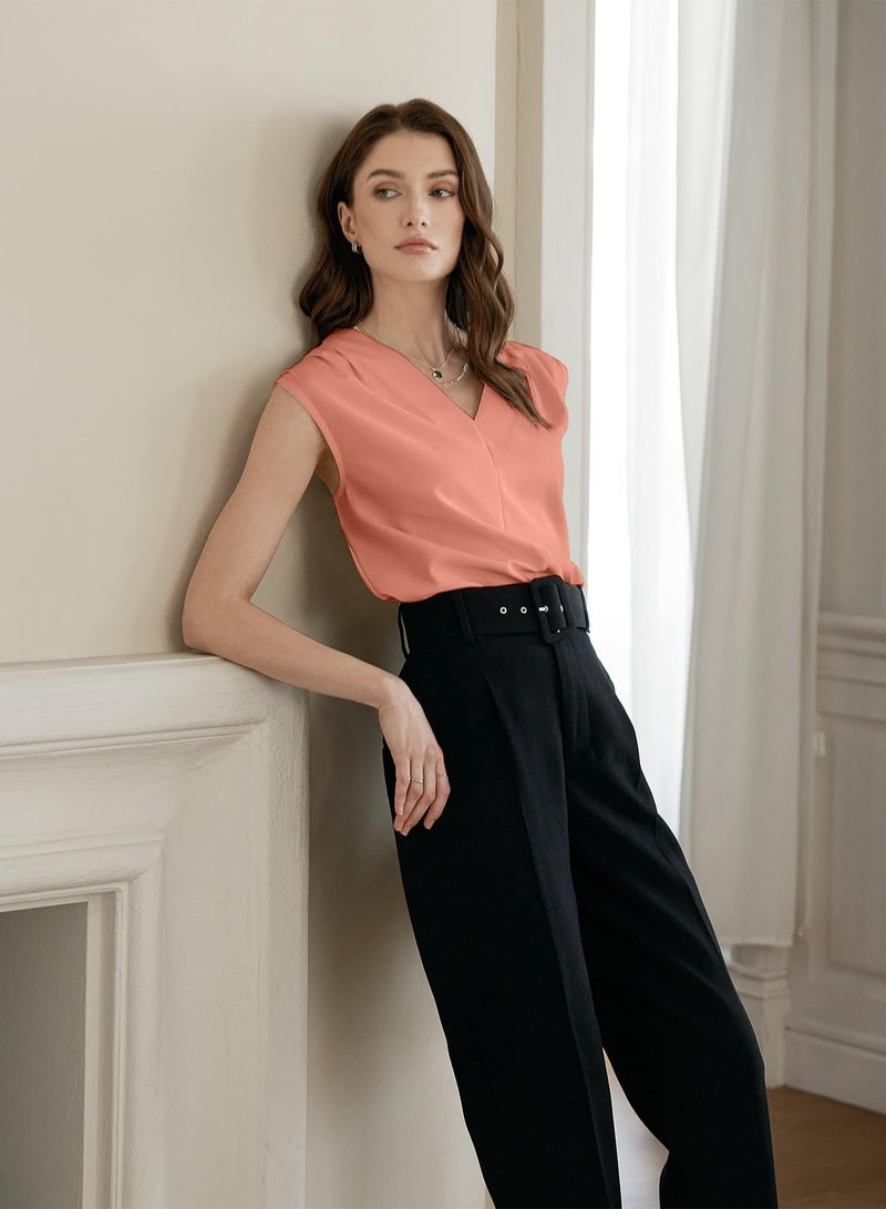 EVALESS Blouses for Women Dressy Casual Summer Pleated V Neck Sleeveless Tank Tops Work Office Outfits Tawny M - Image 4