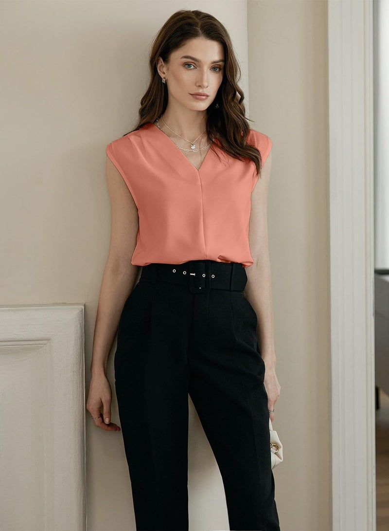 EVALESS Blouses for Women Dressy Casual Summer Pleated V Neck Sleeveless Tank Tops Work Office Outfits Tawny M - Image 2