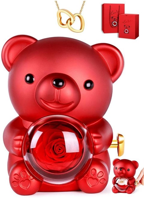 Cute Teddy Bear with Heart Necklace & Preserved Rose - Romantic Soap Rose Bear Gift Box for Women Teddy Bear