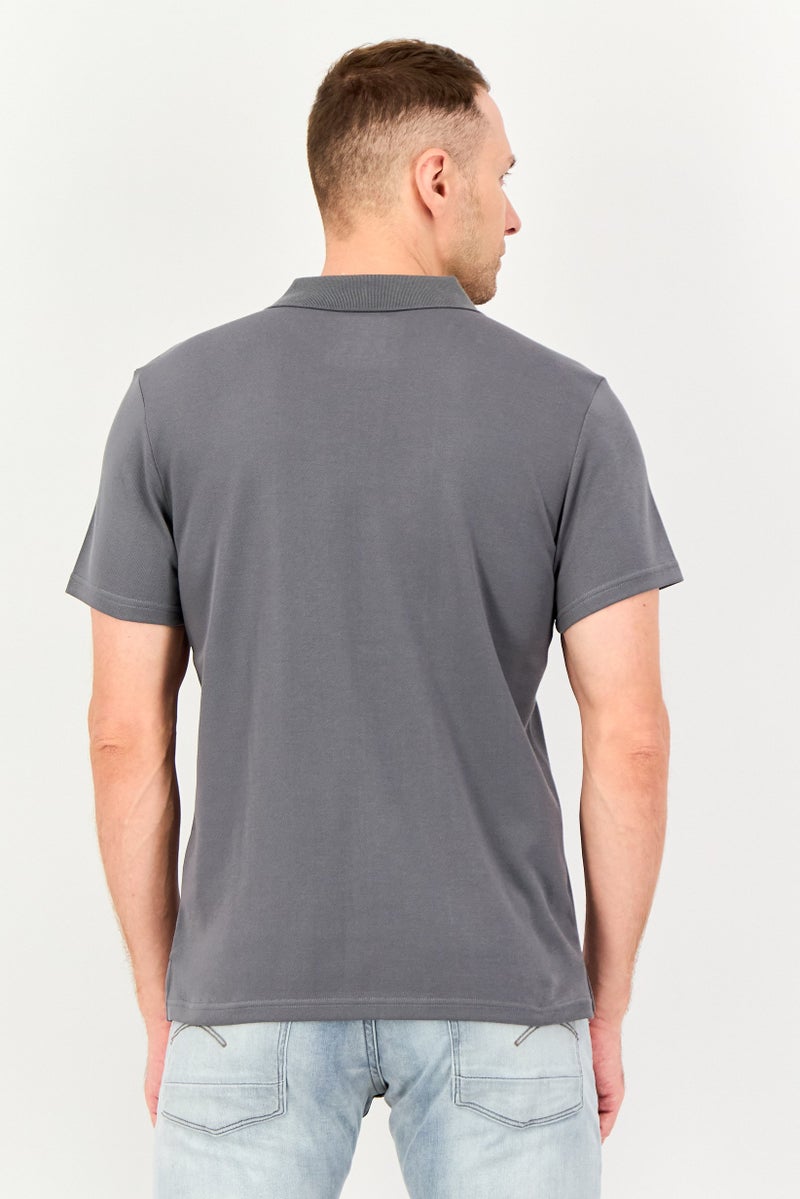 Algspar Men Spread Collar Plain Short Sleeve Polo Shirt, Dark Grey - Image 2