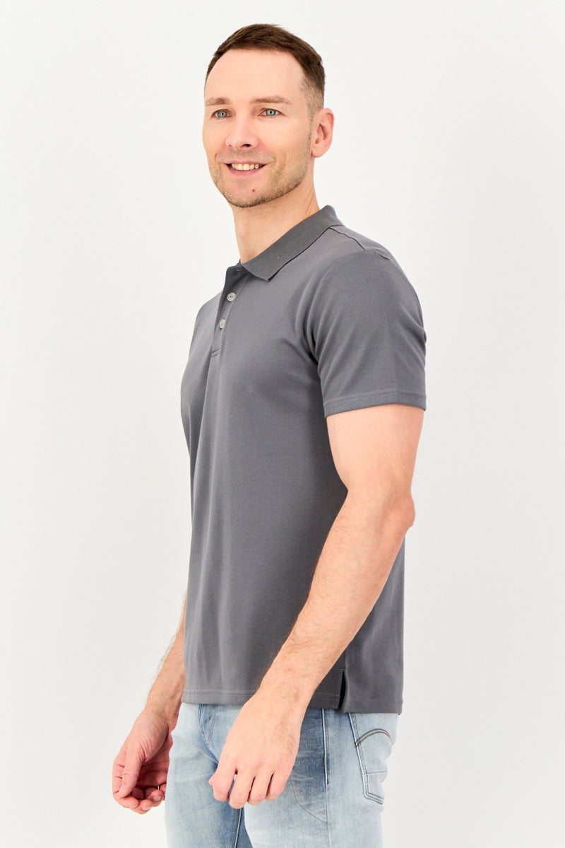 Algspar Men Spread Collar Plain Short Sleeve Polo Shirt, Dark Grey - Image 3
