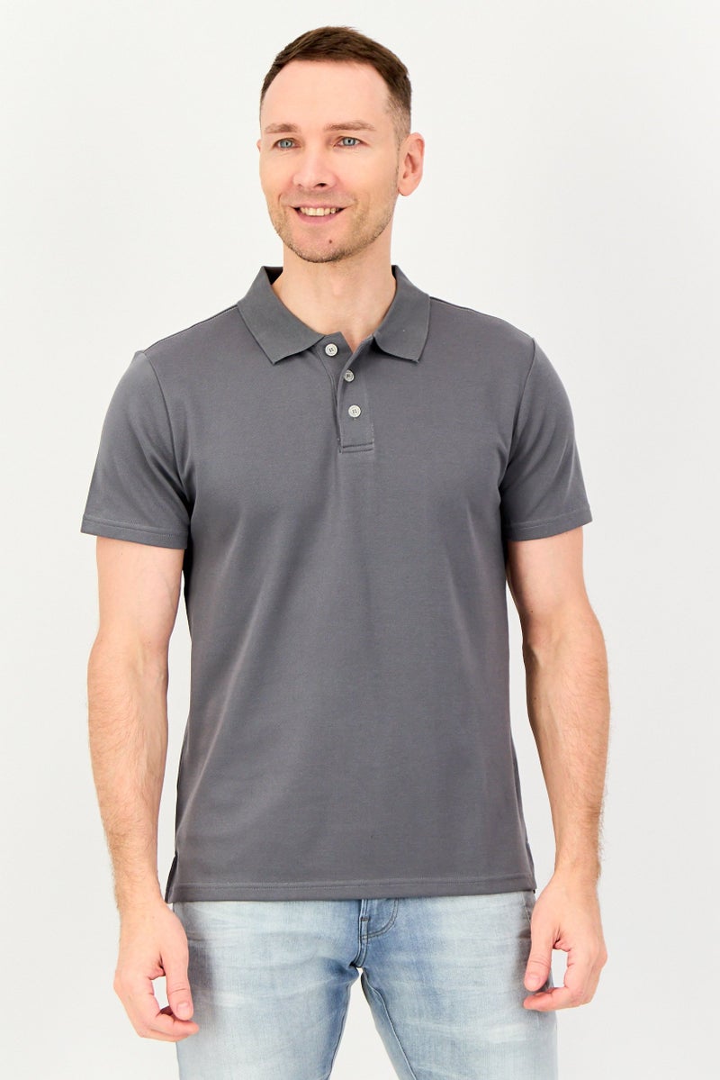 Algspar Men Spread Collar Plain Short Sleeve Polo Shirt, Dark Grey - Image 1