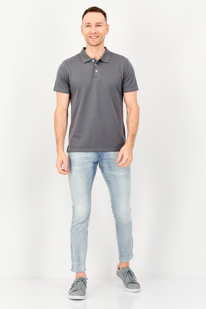 Algspar Men Spread Collar Plain Short Sleeve Polo Shirt, Dark Grey - Image 4