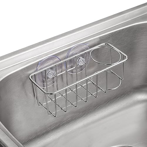 TESOT Sink Caddy Sponge Holder for Kitchen Sink 2 Suspension Options(Suction Cups and Adhesive Hook), SUS304 Stainless Steel, Silver - Image 2