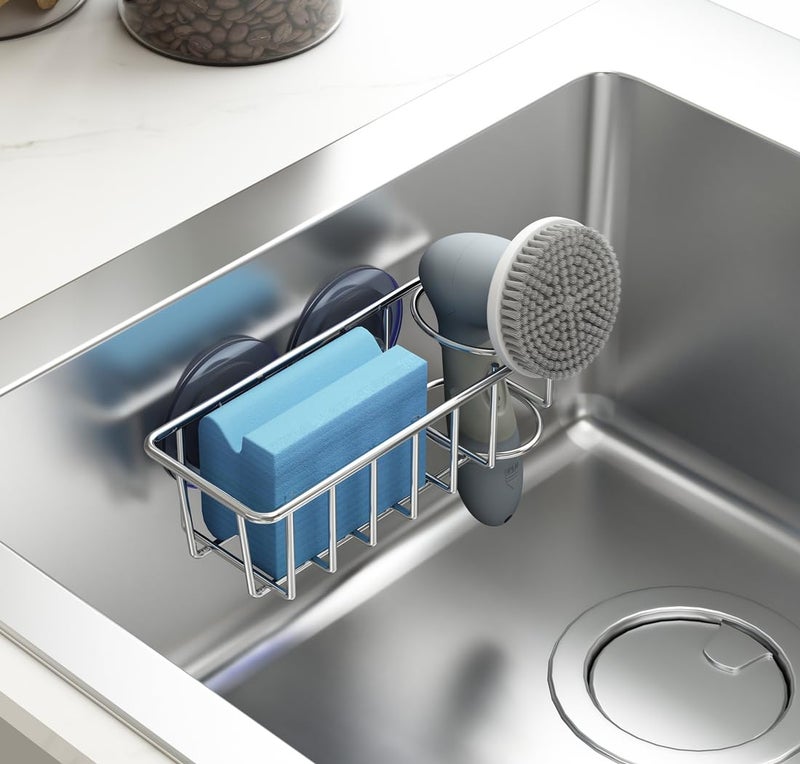TESOT Sink Caddy Sponge Holder for Kitchen Sink 2 Suspension Options(Suction Cups and Adhesive Hook), SUS304 Stainless Steel, Silver - Image 3