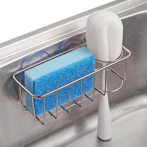 TESOT Sink Caddy Sponge Holder for Kitchen Sink 2 Suspension Options(Suction Cups and Adhesive Hook), SUS304 Stainless Steel, Silver - Image 1