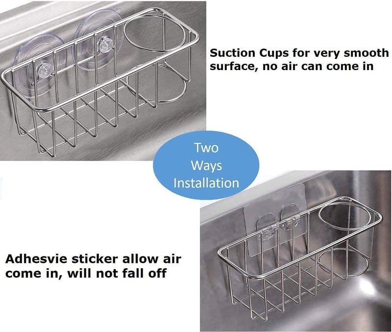 TESOT Sink Caddy Sponge Holder for Kitchen Sink 2 Suspension Options(Suction Cups and Adhesive Hook), SUS304 Stainless Steel, Silver - Image 4