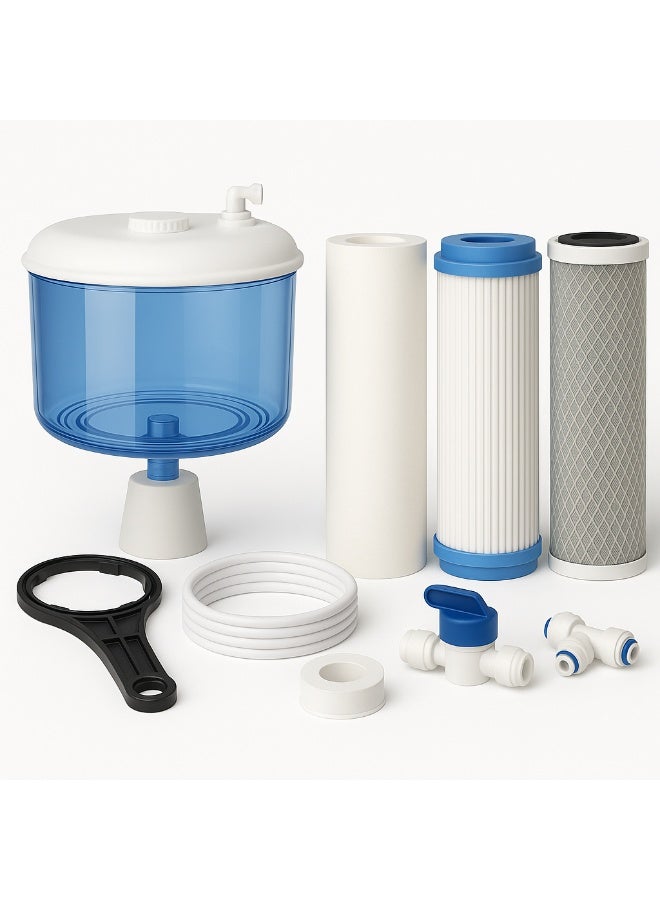 طقم قارورة مياه أوتوماتيك سعة ١٠ لتر مع شمع فلتر تايواني ٣ مراحل وملحقات تركيب كاملة – للتوصيل المباشر بفلتر المياه ومبردات المياه – يشمل خرطوم ١٠م + محبس إيزي + مشترك تى+ بكرة تيفلون + مفتاح هاوسينج - Image 1