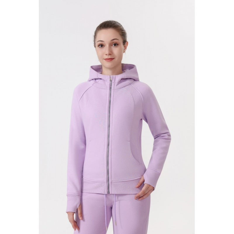 Women's Slim Fit Hooded Zip-Up Fleece Jacket with Embroidered Detail for Yoga and Casual Wear - Image 1