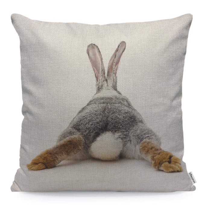 THROW PILLOW CASE COVER GREY RABBIT ISOLATED ON A WHITE BACKGROUND BUNNY TAIL BACK SOFT LINEN PILLOW CASE FOR DECORATIVE BEDROOMLIVINGROOMSOFAFARM HOUSE CUSHION COVERS 18X18 INCH