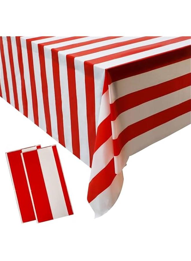 MOXO 2 Red and White Striped Tablecloth Plastic Stripe Table Cover Carnival Circus Tablecloths Waterproof Rectangle Tablecloth for Holiday Party Picnic Decoration, 54 x 107 - Image 1