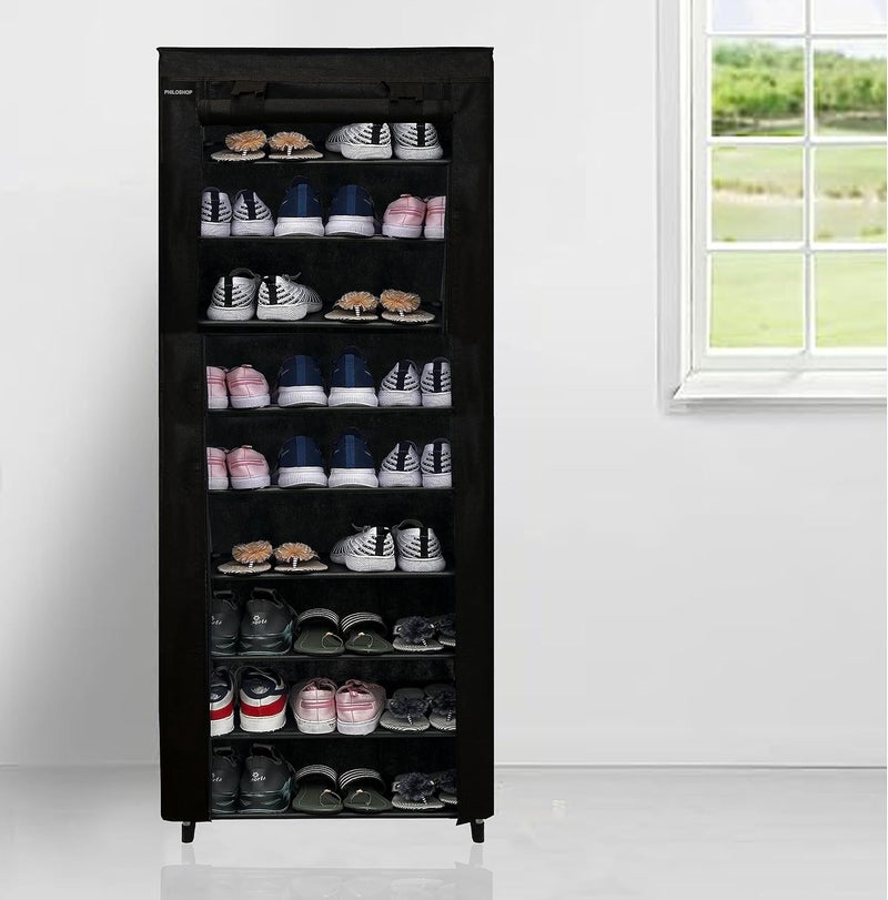 RAXON WORLD Multipurpose RackBook Rack9 ShelvesStrong Metal PipesShoe RackWardrobeNon Wooven FabricBook CaseRacksClothes RackOffice and Home UseChappal Stand Black - Image 1