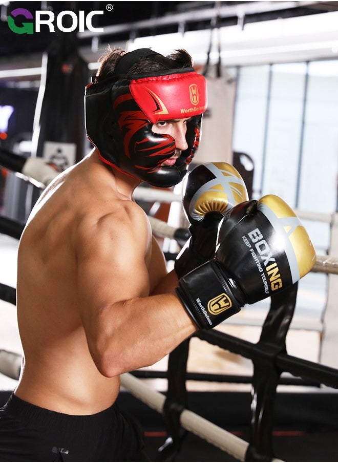GROIC - Boxing Headgear, Leather Boxing Helmet, Head Gear for MMA Kickboxing Karate Taekwondo Muay Thai Sparring & Training, Martial Arts Helmet, Fighting Sparring Headgear Fits Adults Youth Head Guard - Image 1