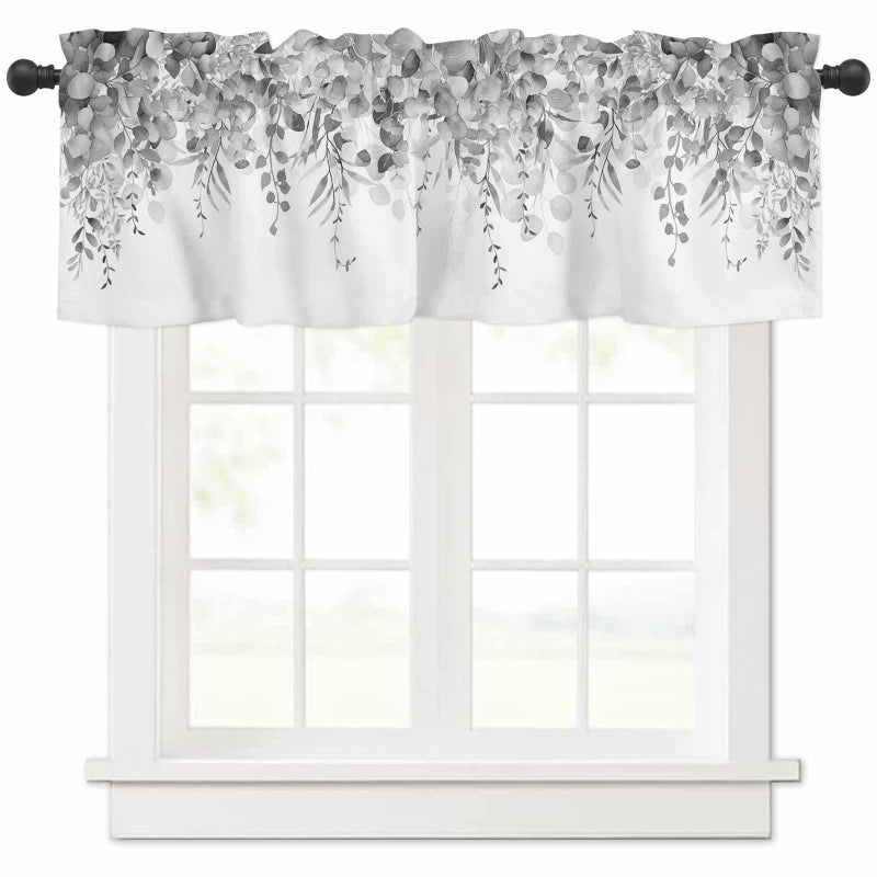 TweetyBed Curtain Valance for Windows Gray Eucalyptus Rod Pocket Valance Window Treatments 1 Panel Watercolor Leaves Short Curtains for Kitchen Windows Bathroom Bedroom 42x12in - Image 1