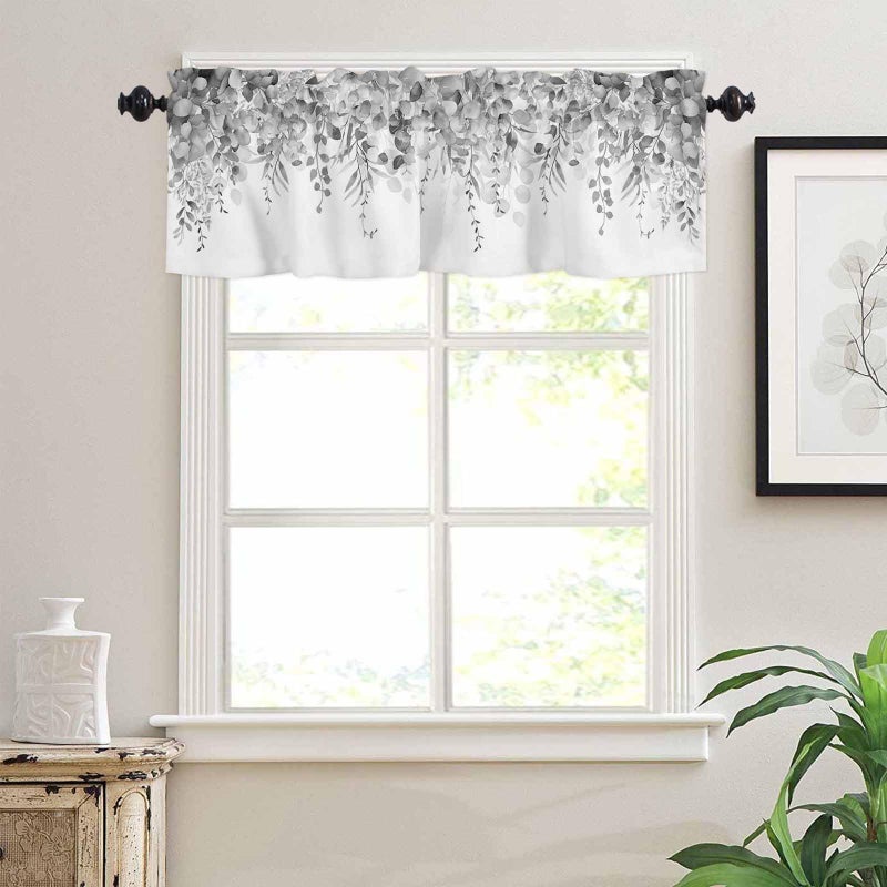 TweetyBed Curtain Valance for Windows Gray Eucalyptus Rod Pocket Valance Window Treatments 1 Panel Watercolor Leaves Short Curtains for Kitchen Windows Bathroom Bedroom 42x12in - Image 3