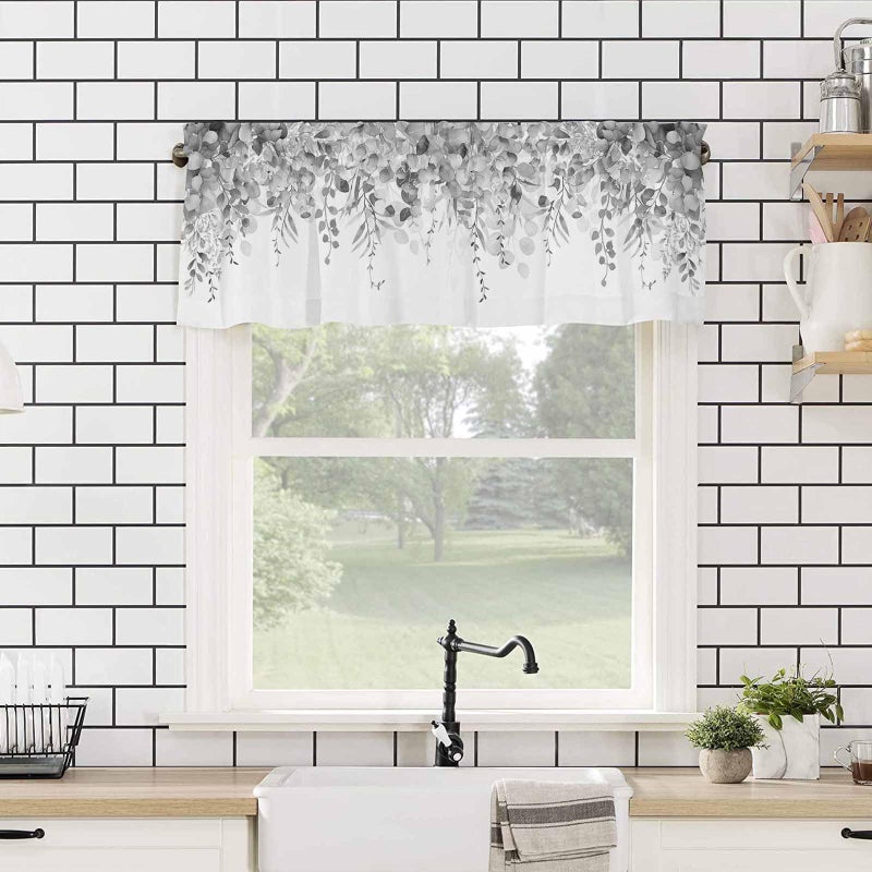 TweetyBed Curtain Valance for Windows Gray Eucalyptus Rod Pocket Valance Window Treatments 1 Panel Watercolor Leaves Short Curtains for Kitchen Windows Bathroom Bedroom 42x12in - Image 4