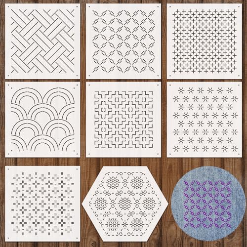 Yousoontic 8 Pcs 47 x 47 Inch Plastic Sashiko Stencil kit Geometric Sashiko Pattern Template Drawing Line Embroidery Pattern for Hand Quilting and Embroidery 25mm ThickTraditional Style - Image 1