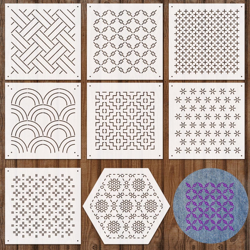 Yousoontic 8 Pcs 47 x 47 Inch Plastic Sashiko Stencil kit Geometric Sashiko Pattern Template Drawing Line Embroidery Pattern for Hand Quilting and Embroidery 25mm ThickTraditional Style - Image 3