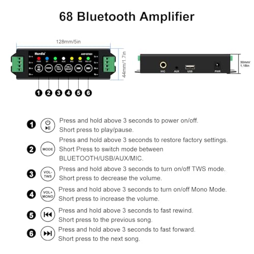 Herdio 6.5 Inch 800W Outdoor Bluetooth Speakers Wired Waterproof with Multifunctional Amplifier, Wall Mount Speaker System for Patio Home Poolside Deck Backyard(2 Pairs,Black) - Image 5