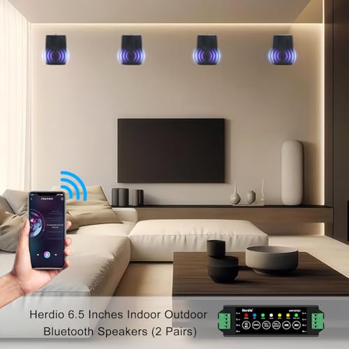 Herdio 6.5 Inch 800W Outdoor Bluetooth Speakers Wired Waterproof with Multifunctional Amplifier, Wall Mount Speaker System for Patio Home Poolside Deck Backyard(2 Pairs,Black) - Image 2