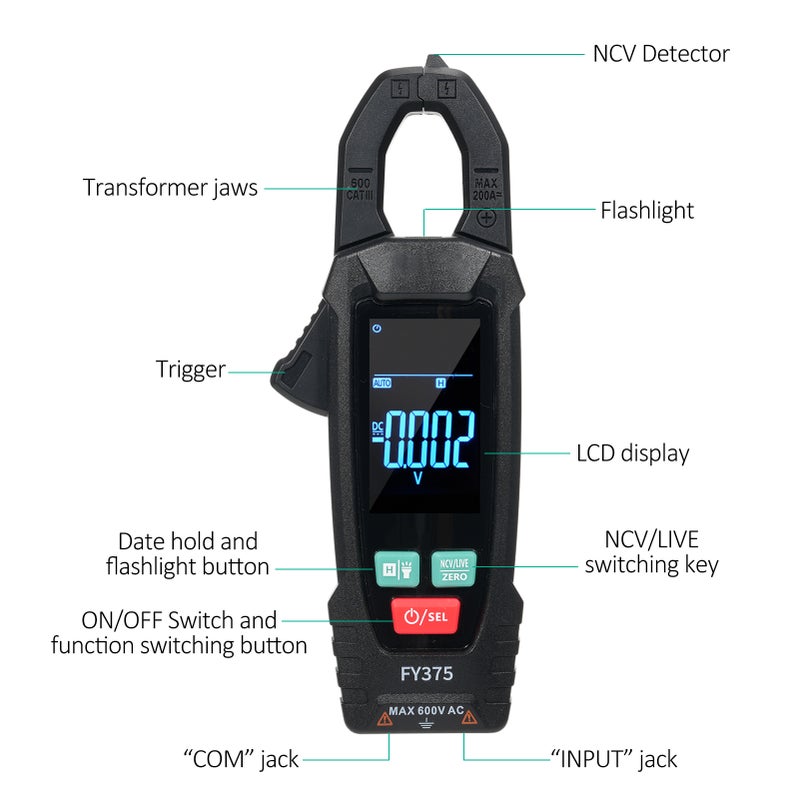 Digital Clamp Meter: 53x35mm LCD Display Black - True RMS 5999 Counts AC/DC Clamp Meter for Electrical Testing, Car Repair, Industrial Temperature Measuring - Image 3