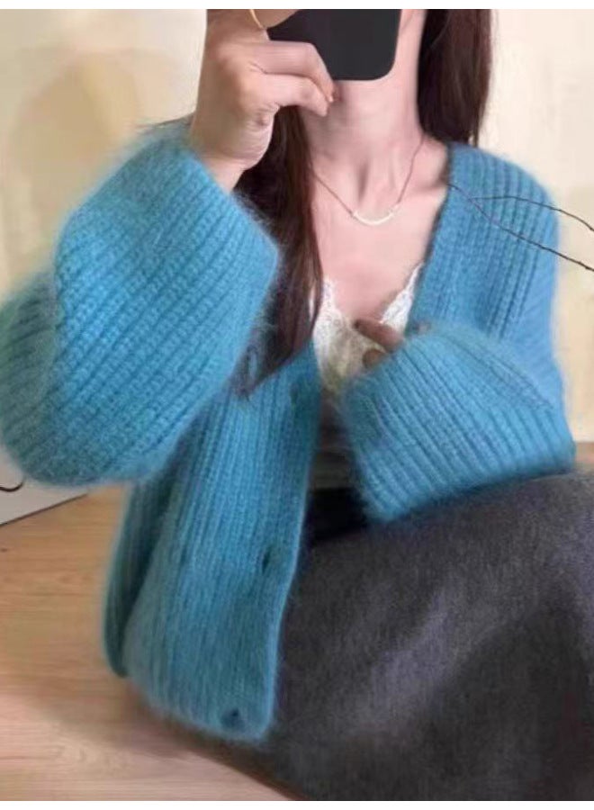 Leyuan Autumn Winter New Faux Mink Velvet Solid Color V-neck Knitted Cardigan Long Sleeve Coat Loose Lazy Style Women's Sweater - Image 3