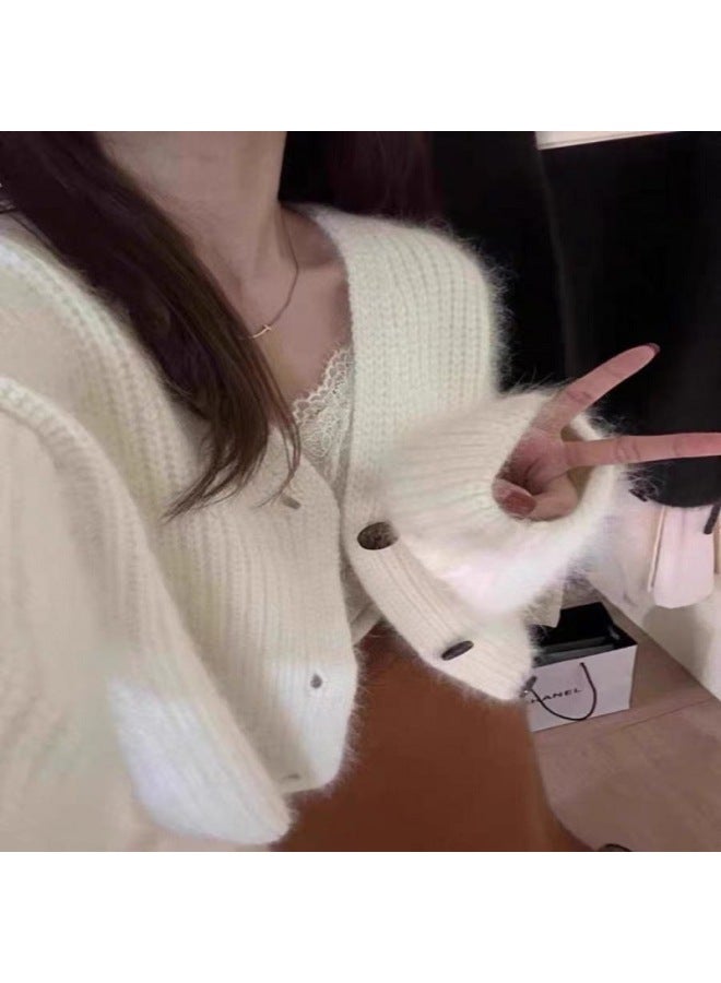 Leyuan Autumn Winter New Faux Mink Velvet Solid Color V-neck Knitted Cardigan Long Sleeve Coat Loose Lazy Style Women's Sweater - Image 1