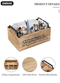 DUNISO Kitchen Utensil Holder, Rustic Large Wooden Utensil Organizer with 4 Compartment, Silverware Caddy with Handle for Forks, Spoons, Plates, Napkins, Utensil Caddy for Kitchen Counter, Party, Camping, Picnic  - Image 2