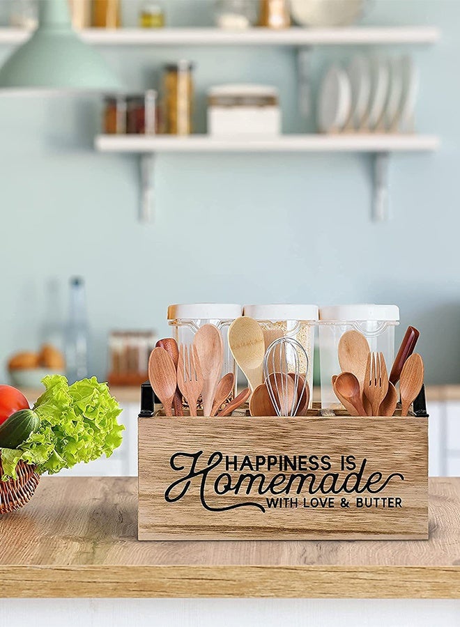 DUNISO حامل أدوات المطبخ، منظم خشبي كبير بتصميم ريفي مع 4 أقسام، حاملة أدوات فضية مع مقبض للشوك، الملاعق، الأطباق، المناديل، حاملة أدوات للمطبخ، الحفلات، التخييم، النزهات - Image 2